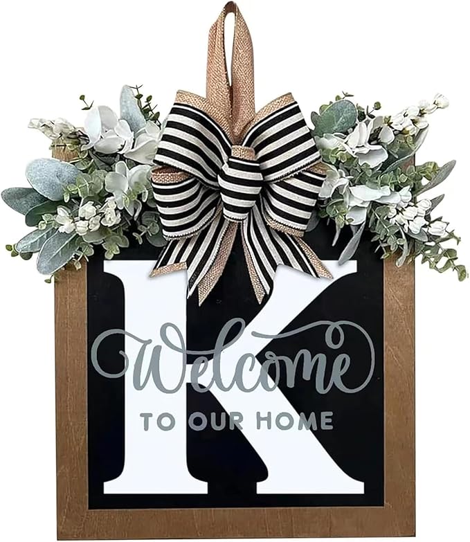 K Monogram Last Name Porch Decor - Welcome Sign & Seasonal Wreaths for Front Door
