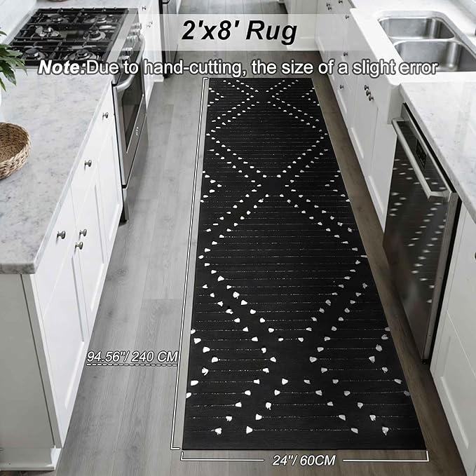 LIVEBOX Black Runner Rug for Kitchen, 2x8 Boho Washable Rug Runner for Hallway,Moroccan Cotton Long Entryway Area Rug Indoor Carpet for Bedroom Laundry Doorway Entry