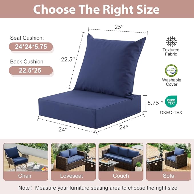 Outdoor Deep Seat Cushion Set, 24x24 Inch Water-Resistant & Fade-Resistant Outdoor Chair Cushions, Patio Furniture Cushions with Removable Cover for Patio Chair, Sofa,Navy Blue (Set of 6)