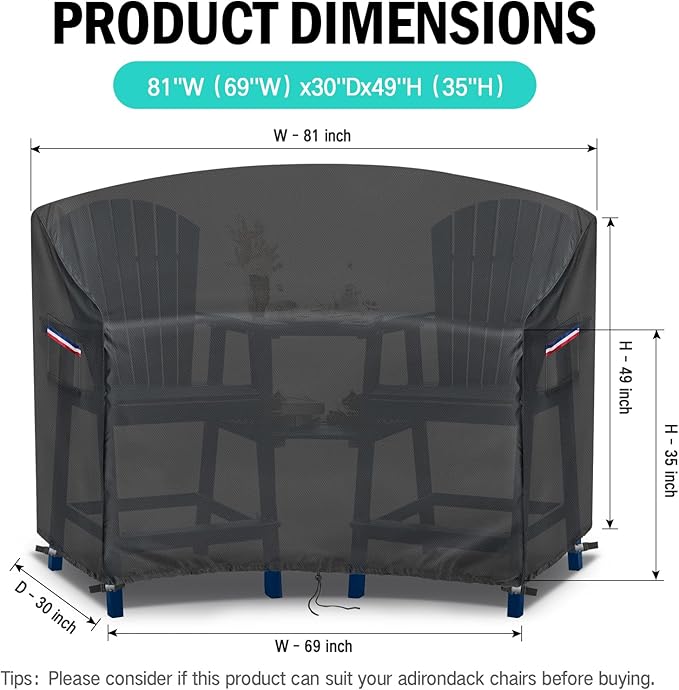 Adirondack Chair Cover,Heavy Duty Cover for Tall Adirondack Chair Set of 2,Modern Wood Adirondack Chair Covers Waterproof,80"Wx30"Dx49"H,Black