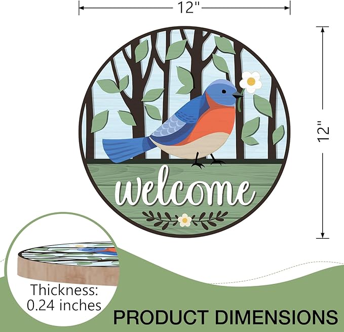 Deroro Welcome Spring Summer Bluebird Front Door Sign, Blue Jay Tree Wood Door Hanger Outdoor Outside Porch Decor, Farmhouse Rustic Wooden Wreath Indoor Wall Hanging Decoration