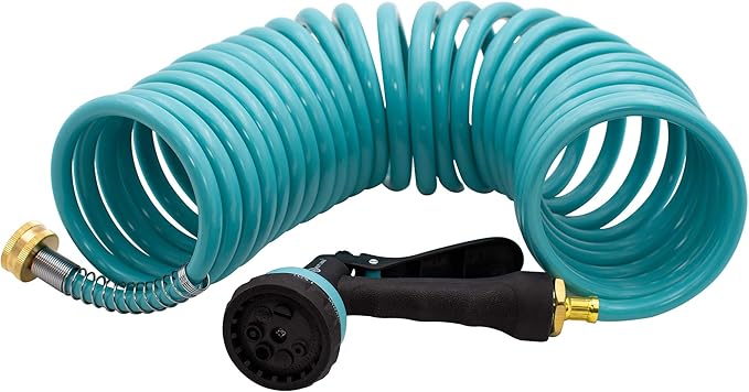AUTOMAN EVA Recoil Garden Hose 25ft - Includes 7 Pattern Spray Nozzle,Curly Water Hose 25 Foot,Watering Coil,Retractable,Corrosion Resistant Garden Coil Hose.