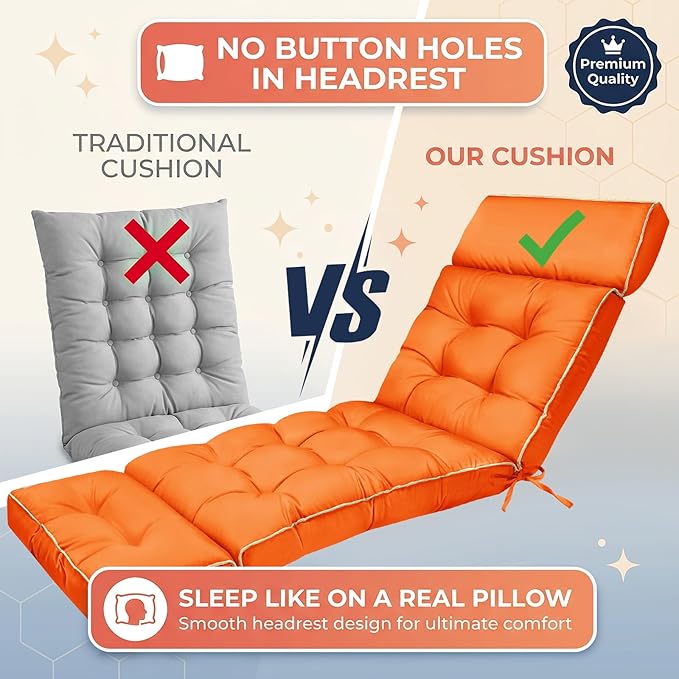 MAGIC ELEPHANT Chaise Lounge Cushions Outdoor, Memory Foam Replacement Patio Pool Lounge Chair Cushion with Ties for Outdoor Furniture, 74 x 22 x 4 Inch (Orange)