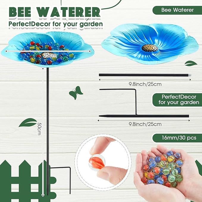 Tandefio Vivid Flower Bee Watering Station Metal Butterfly Water Feeder Cup with 30 Colorful Glass Marbles Bee Feeder Butterfly Bath Bowl for Garden Outdoor Yard Decors(Blue,Flower)