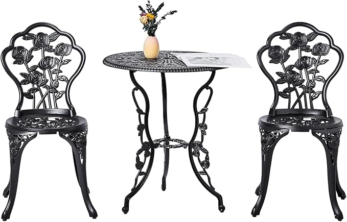 VINGLI 3 PCS Outdoor Bistro Set, Outdoor Patio Set, All-Weather Cast Aluminum Bistro Table Set, Bistro Table and Chairs Set of 2 for Backyard, Garden, Balcony (Black, Rose)