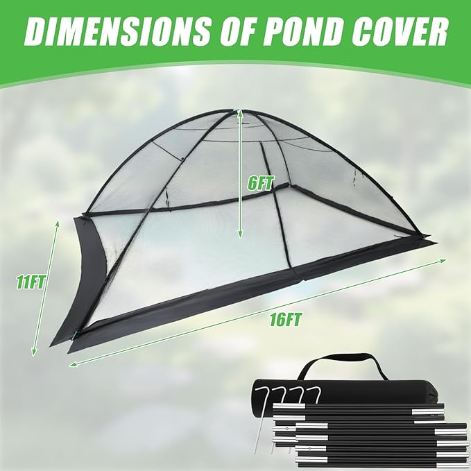 Pond Cover Dome Net 11x16 ft Netting Pond Covering Tent with Zipper Storage Straps, Fiberglass Poles, Ground Nails, Tie Ropes for Outdoor Garden Fish Pool Protection from Leaves Animals
