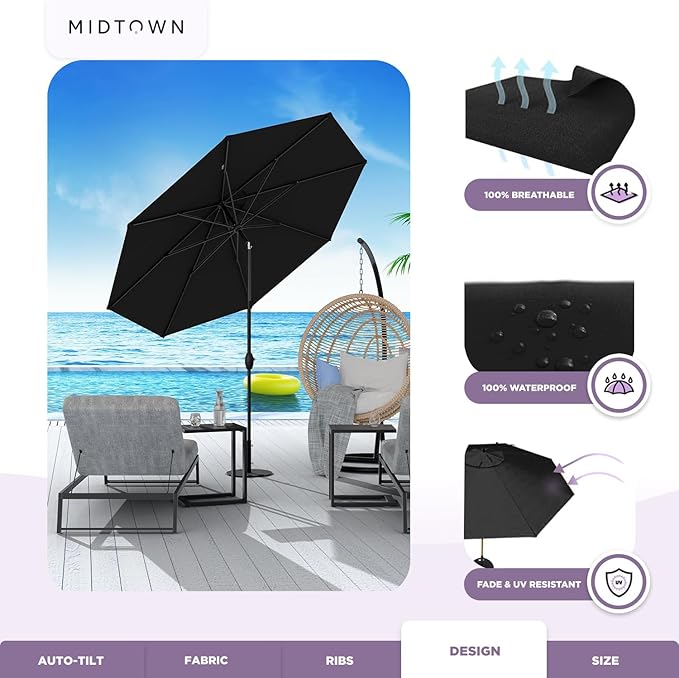 Midtown Umbrellas - 10-Year-No-Fade 6 Ft Patio Umbrella with Terylast Fabric, Auto-Tilt Aluminum Frame and 8 Reinforced Ribs for Deck, Pool, Garden & Beach - Ebony Black Canopy, Black Pole