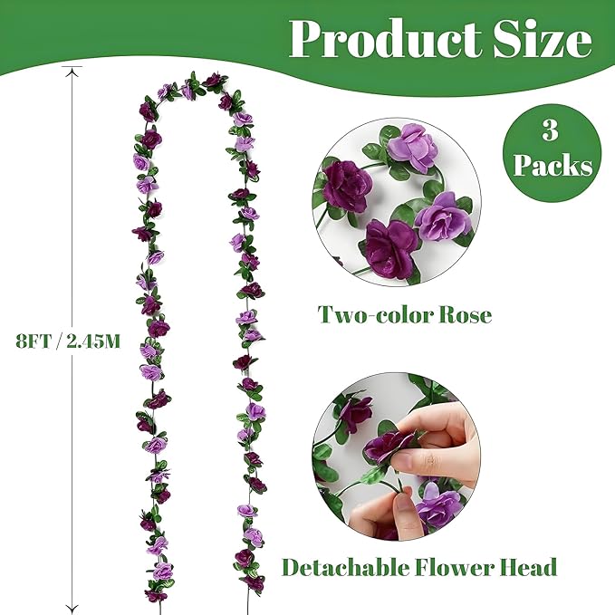 5 Pcs 8FT Flower Garland Artificial Flowers for Outdoors Fake Rose Vine Ivy Silk Flowers for Decoration/Anniversary/Wedding Birthday/Christmas/Home Decor/Garden Decor (Purple)