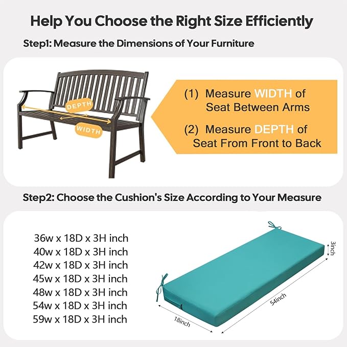 idee-home Outdoor Bench Cushion Waterproof, Bench Cushions for Outdoor Furniture, Patio Porch Swing Replacement Seat Pad with Ties for Garden Backyard, 54 x 18 Inch