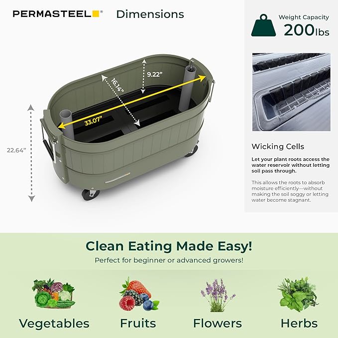Permasteel Self-Watering Garden Bed, Rolling Planter for Vegetables, Flowers, Herbs, and Fruit, Outdoor Indoor, Caster Wheels, Army Green