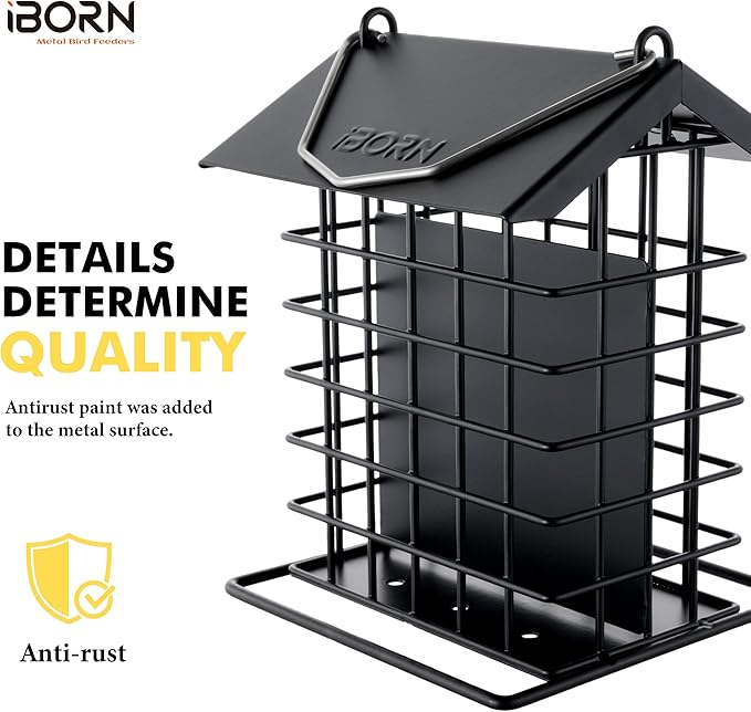 iBorn Suet Feeder for Outside Hanging,Suet Bird Feeders for Outdoors,Suet Holder With Squirrel Proof Hanger Hook,Suet Cage Bird Feeders,Woodpecker Feeder,Weatherproof Metal Roof,All Metal,1 Pack,Black