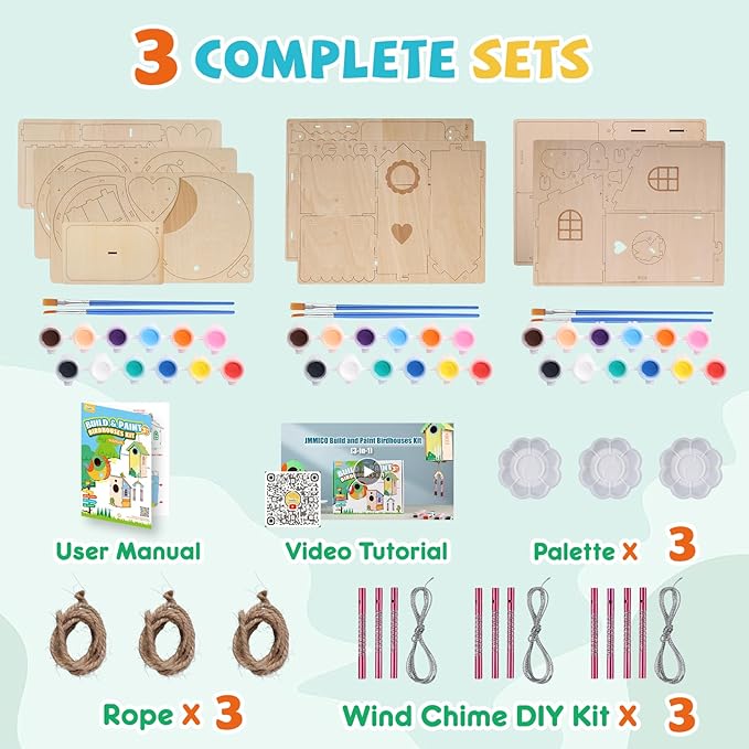 3 Pack Bird Houses Kits for Kids, Wooden Painting Arts and Crafts for Kids Ages 8-12, Build & Paint Your Own Bird Houses and Wind Chime Kits, Toddlers for Girls Boys