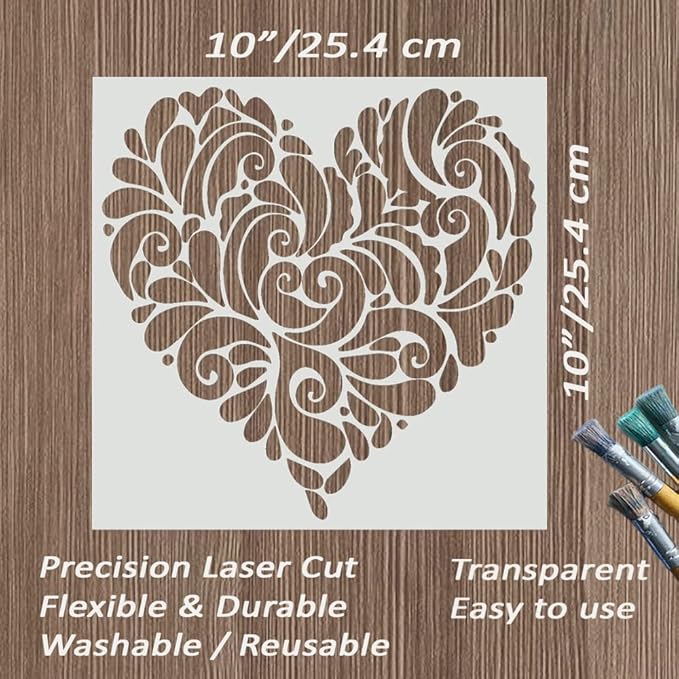 10x10 Inch Large Mandala Heart Stencil for Painting on Wood, Canvas, Paper, Fabric, Walls and Furniture - Boho Stencil - Reusable DIY Art and Craft Stencils - Heart Templates