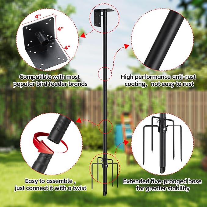 Bird Feeder Pole,100" Outdoor Bird House Pole Kit Stand with 5-Pronged Base, Adjustable Height & Universal Mount for Easy Setup, 2 Installation Methods, Matte Black Finish (Without Feeder)