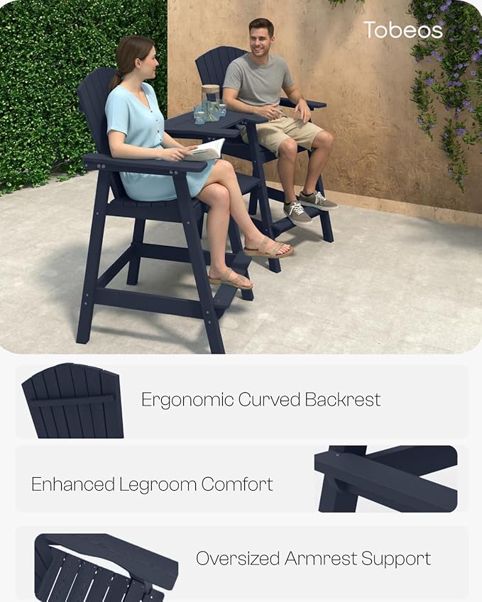 Tall Adirondack Chairs Set of 2, HDPE Outdoor Adirondack Chairs with Double Connecting Tray, Bar Height High Back Patio Chairs for Balcony, Deck, Backyard (Grey)
