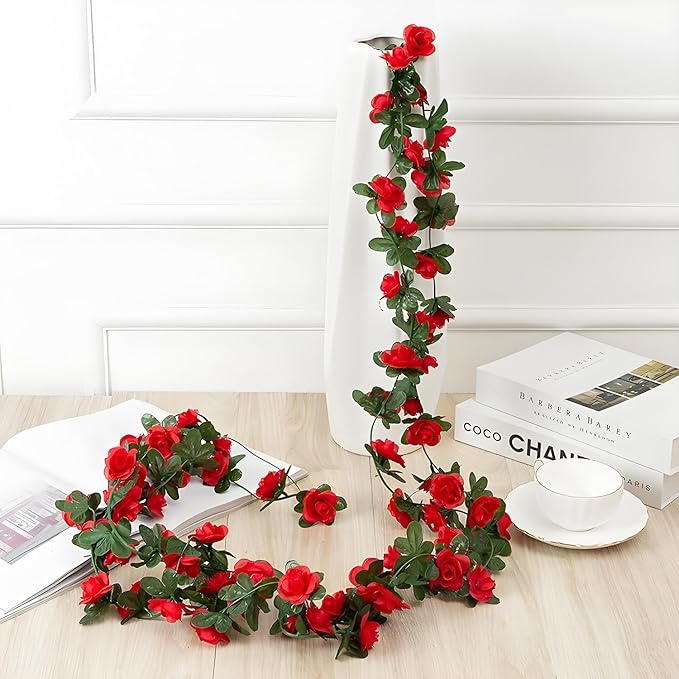 3 Pcs 8FT Flower Garland Artificial Flowers for Outdoors Fake Rose Vine Ivy Silk Flowers for Decoration/Anniversary/Wedding Birthday/Christmas/Home Decor/Garden Decor (Red)