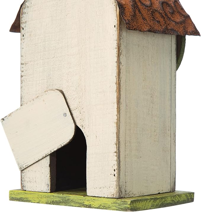 Glitzhome 9.7" H Hanging Birdhouse for Outdoor Patio Garden Decorative Pet Cottage Distressed Wooden Bird House for Finch Swallow Wren Chickadee, Leaves Rustic White