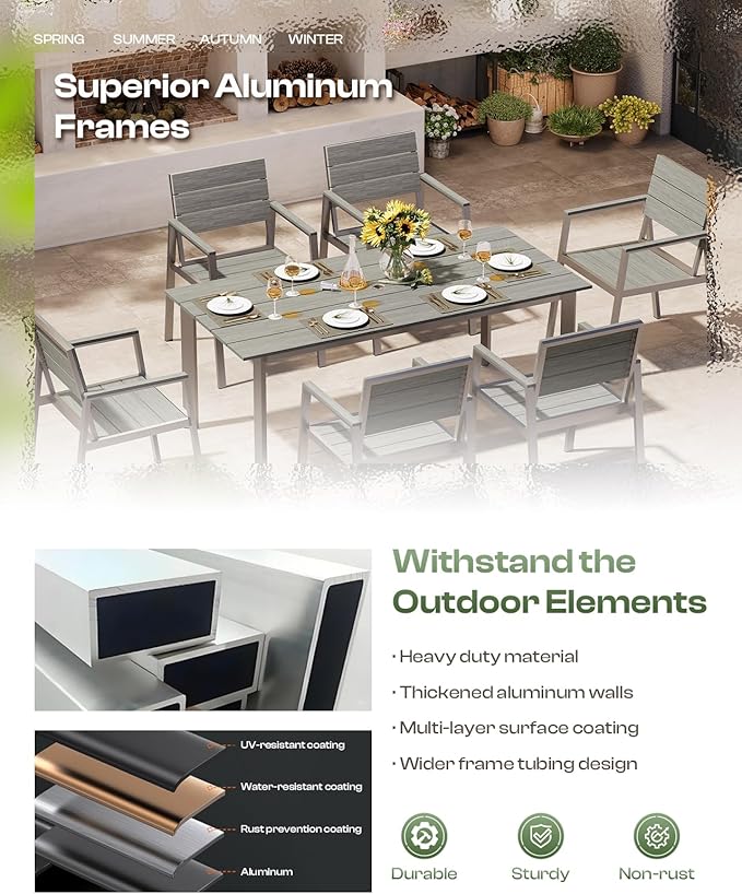 Outdoor Dining Set for 6, Patio Table and Chairs Set with Umbrella Hole, 7 Pieces HDPS + Aluminum Outdoor Furniture Sets for Patio, Garden (Sliver)