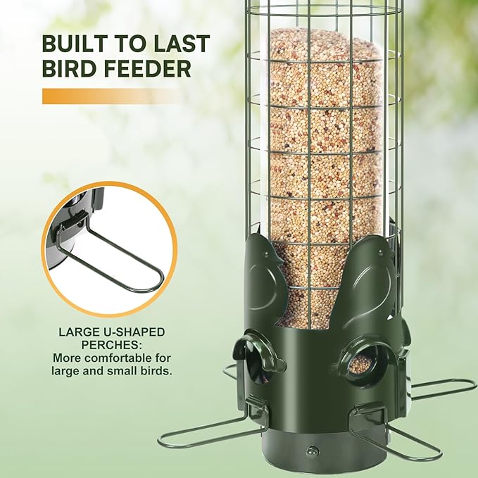 Squirrel Proof Bird Feeder for Outside Hanging, Weight Activated 3LB Large Capacity Metal Wild Bird Feeders with Removable Base, Tube Birdfeeder for Cardinal, Finch- Green