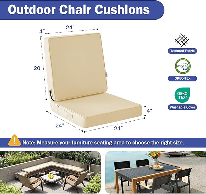 Outdoor Cushions, Outdoor Chair Cushions 24x24x4 Inch, Cushions for Outdoor Furniture with Removable Cover, Waterproof & Fade Resistant Outdoor Seat Cushions for Patio, Lawn, Beige