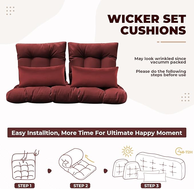 Wicker Chair Cushions of 5 Pieces, Waterproof Outdoor Loveseat Cushion for Wicker Furniture, 1 Love Seat Cushion, 2 U-Shape and 2 Lumbar Pillows for Patio Furniture (Red)