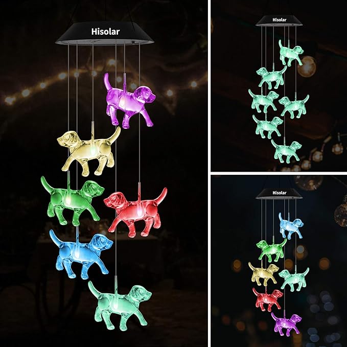 Crystal Dog Solar Wind Chimes Outdoor Color Changing Solar Mobile Lights LED Solar Powered Wind Chimes for Home Party Yard Garden Decor, Gifts for mom Birthday Gifts