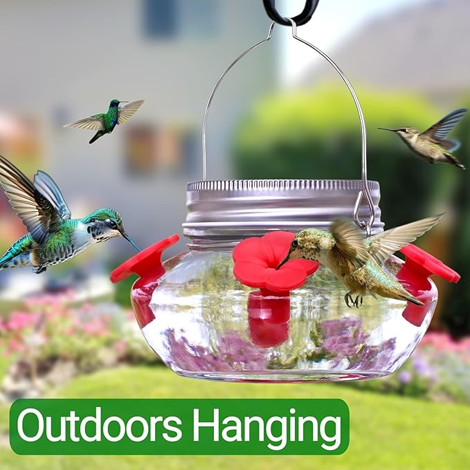 Glass Hummingbird Feeders for Outdoors Hanging, Cute Mason Jar Shape with 4 Silicone Flower Feeding Ports, Top Fill Leak Proof Easy to Clean and Refill, Humming Bird Feeder for Outside Garden