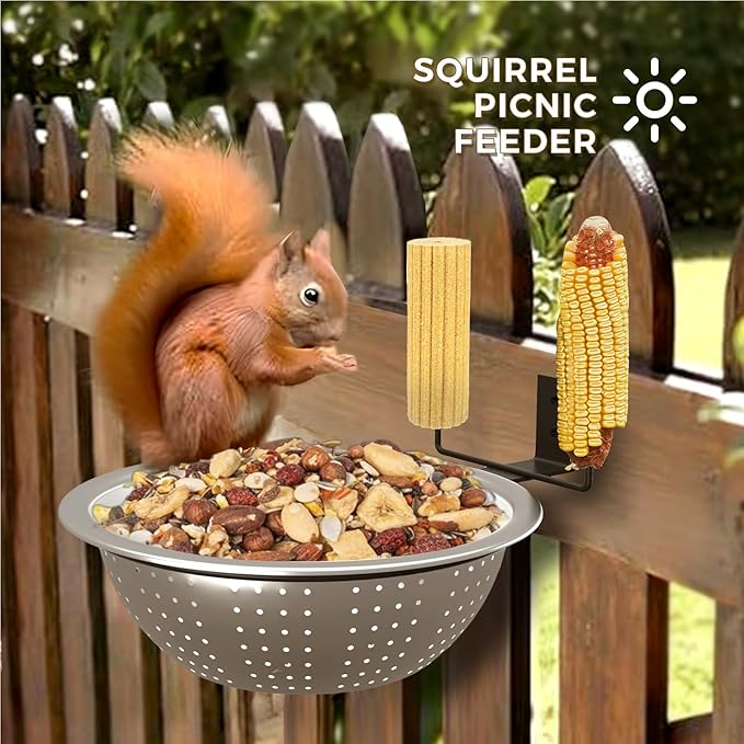 Squirrel Feeders for Outside-Squirrel Feeder with Drainage Holes, Removable Bowl, Squirrel Picnic Table,1×Journal,Chipmunk Feeder with 2 Corn Cob Holders, Fence/Tree Easy to Install
