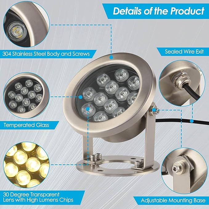 JSN&PC LED Underwater Lights 24W Warm White Color DC12V Pond Light for Party Swimming Pool Home Garden Fountain Water Rockery Grass Land