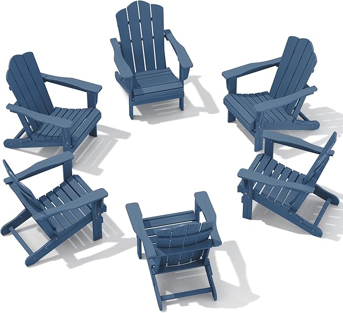 KINGYES Folding Adirondack Chair Set of 6, HDPE All-Weather Adirondack Chair, Navy