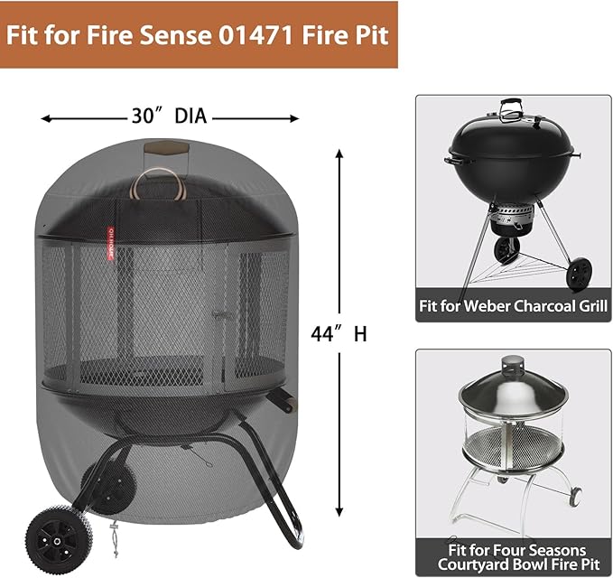 [2026 Upgraded 900D Fabric] Fire Pit Cover Round for Fire Sense 01471 Fire Pit, 30"D x 44"H Wood Burning Fire Pit Cover, 900D Heavy Duty Waterproof Fabric for Outdoor Chiminea-Black