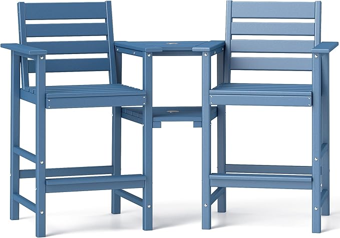 Tall Adirondack Chairs Set of 2, HDPE Balcony Chair, All Weather Adirondack Bar Height Chairs Set of 2 with Two Detachable Tray, Outdoor Bar Stools Set for Bistro, Poolside, Patio, Blue