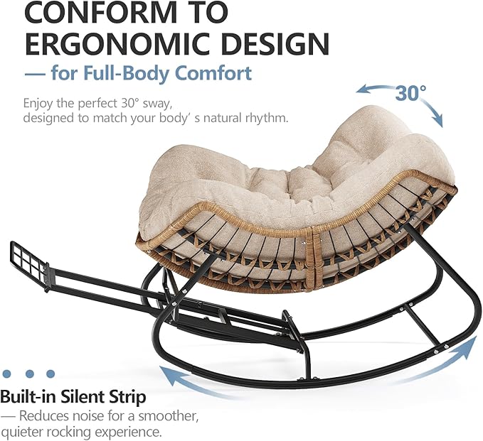 SWITTE Outdoor Papasan Rocking Chair with Adjustable Footrest, Oversized Wicker Zero-Gravity Chair with Cushion, All-Weather Lounge for Patio, Living Room-Cream