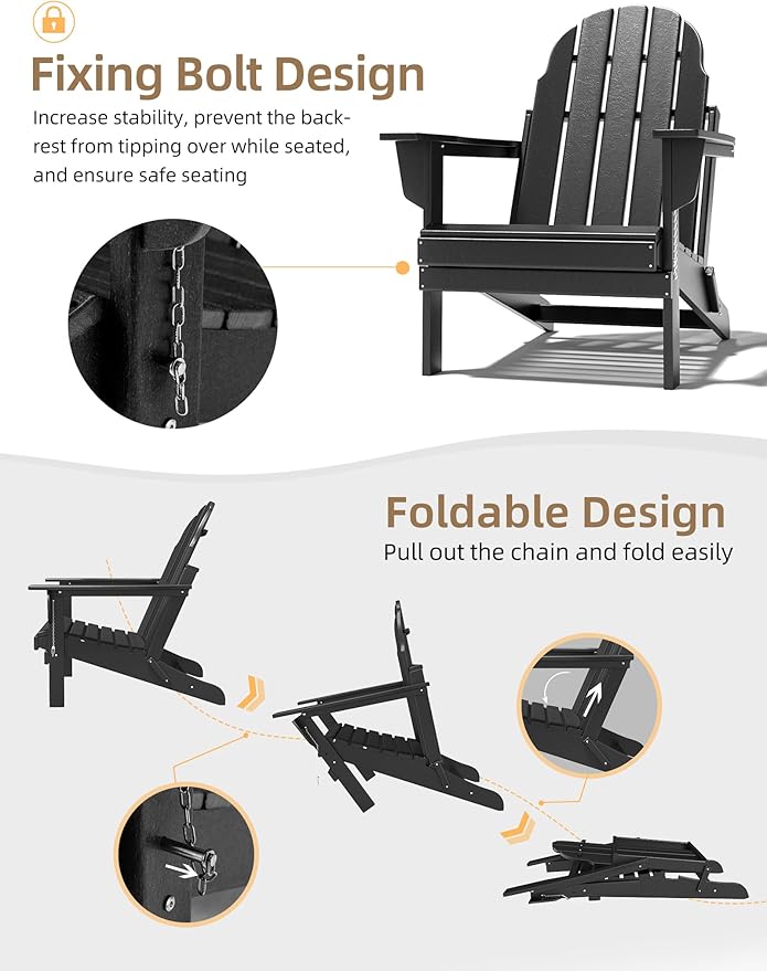 Folding Adirondack Chair - Durable HDPE Poly Lumber All-Weather Resistant, Foldable Oversized Balcony Porch Patio Outdoor Chair for Lawn, Backyard, Deck, Garden, Camping - Easy Installation, Black