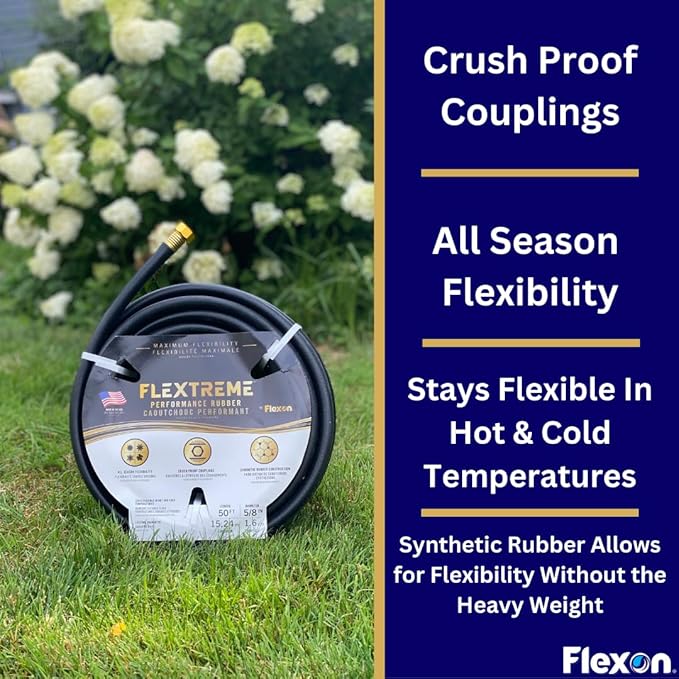 Flexon Flextreme 5/8" x 50ft Black Synthetic Performance Rubber Garden Hose – Lightweight, All-Weather Flexibility, Heavy-Duty, Kink-Resistant, Solid Brass Couplings, Watering Hose for Lawn & Garden
