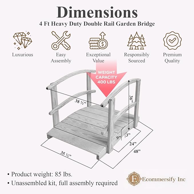 4 FT Walnut Amish Made Garden Bridge with Double Rails for Walkway, Backyard Pond & Landscaping, Outdoor Wooden Footbridge for Koi Pond, Japanese Style Decorative Bridge, Made in USA