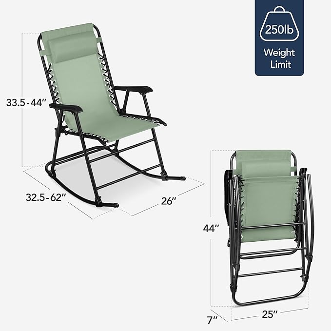 Best Choice Products Outdoor Folding Rocking Chair, Zero Gravity Lounge Chair, Patio Rocker w/Headrest Pillow - Sage Green