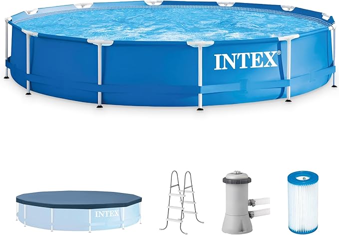 Intex 12' x 30" Round Metal Frame Outdoor Above Ground Swimming Pool Set with Filter Pump, Cartridges, 42 Inch Steel Pool Ladder, and Secure Cover