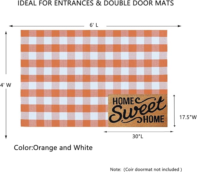 MUBIN Cotton Orange and White Plaid Rug, 4'x6' Fall Outdoor Front Door Decorative Mat, Hand-Woven Rug for Layered Door Mats Washable Carpet for Porch, Entryway, Farmhouse, Autumn, Halloween