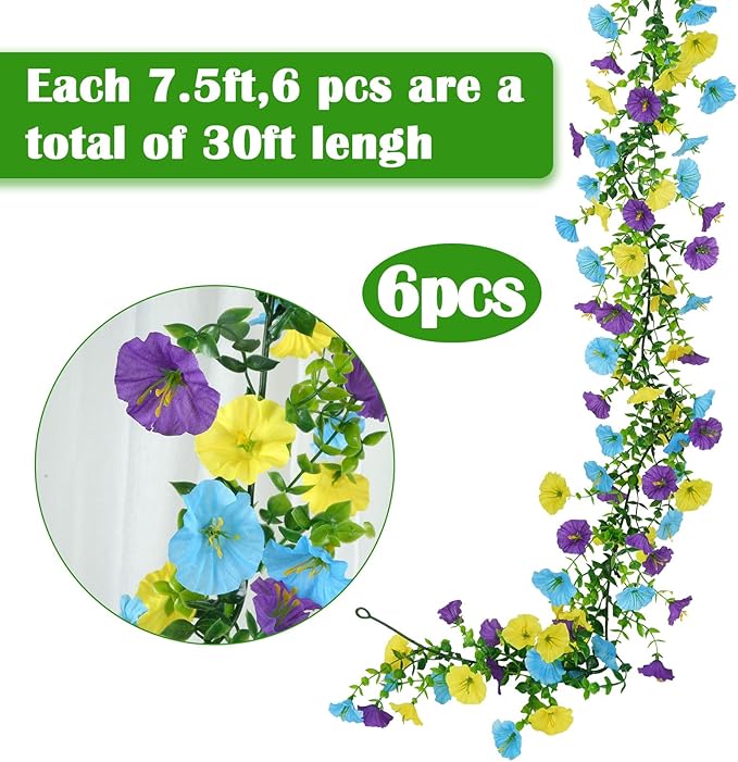 GTIDEA 6Pcs Fake Vines 36Feet Artificial Hanging Morning Glory Flower Garland Faux Vines for Outdoors for Wall Fence Indoor Wedding Decor (Blue & Yellow)