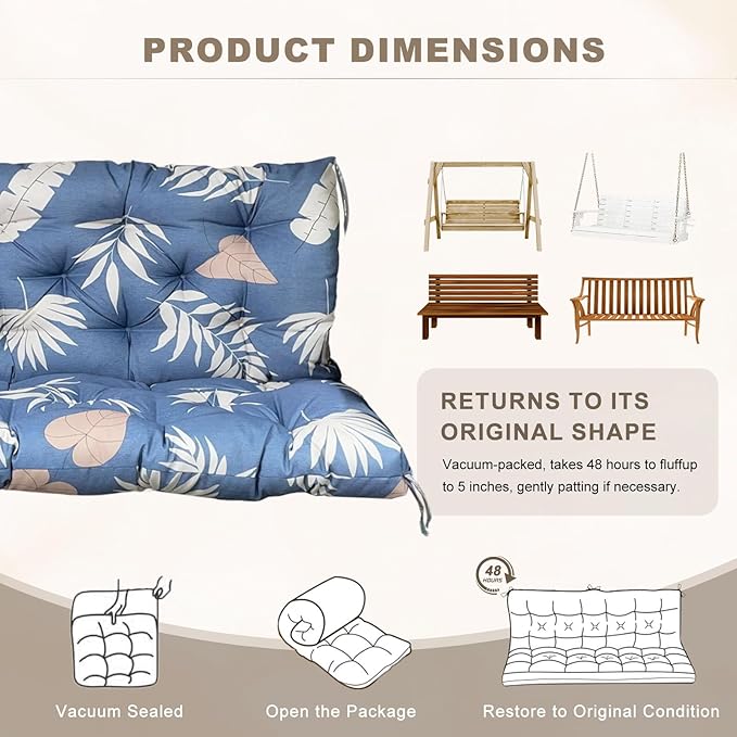 Porch Swing Cushion with Backrest,Waterproof Bench Cushion for Outdoor Furniture,2-3 Seater Replacement Thickened Swing Cushion with Ties,Patio,Outdoor,Backyard and Garden (Tropical Leaf,60x40")