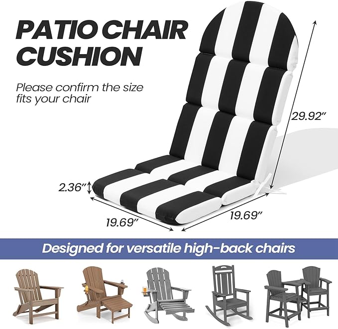Crestlive 50x19.6 Inch Adirondack Chair Cushion, Water Repellent, Fade Resistant, High Back Outdoor Rocking Chair Cushion for Patio, Black White Stripe