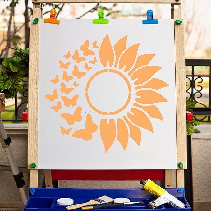 GORGECRAFT 12"X12"Sunflower Butterfly Stencil Flower Templates Sun Petals Reusable Templates Plastic Drawing Painting Stencils Template for Painting on Card Wall Fabric Canvas Crafts DIY Home Decor