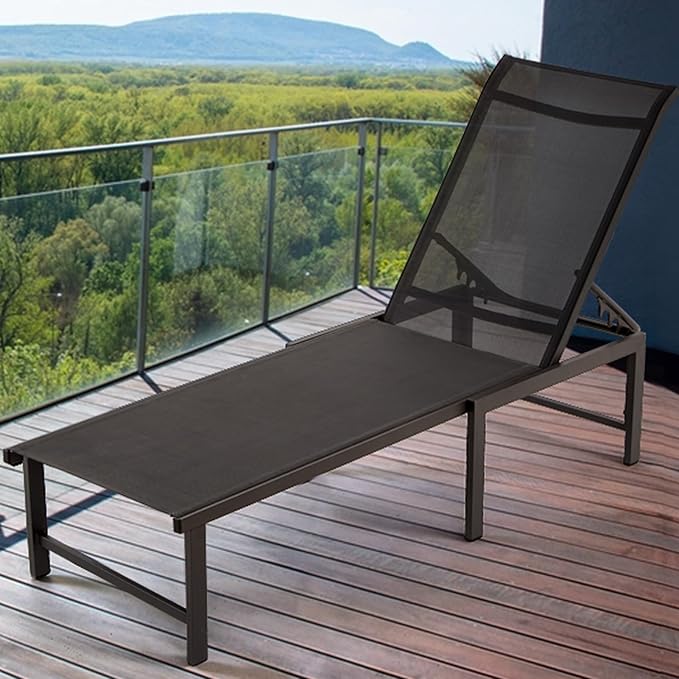 Outdoor Lounge Chairs for Pool, Aluminum Chaise Lounge Chair with 5-Position Recliner, Patio Lounge Chair for Backyard, Poolside, Lawn (Black, 2 Pack)