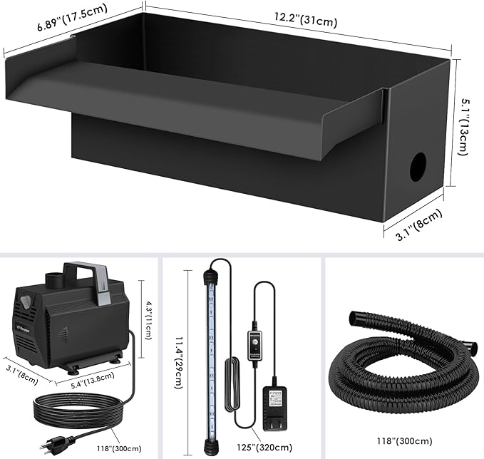 All-in-1 Pond Waterfall Kit with LED Lights, 12 inch Stainless Steel Spillway with 880GPH Water Pump, Outdoor Waterfall Fountain for Water Feature, Garden, Backyard, Pool