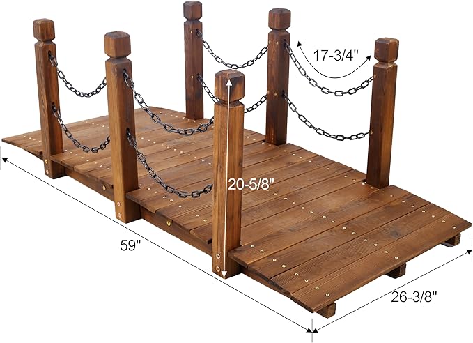 5 FT Wooden Garden Bridge - Stained Wood Arc Footbridge with Chain Railings | Outdoor Decorative Bridge Walkway for Backyard, Gravel Road, Creek, Farm