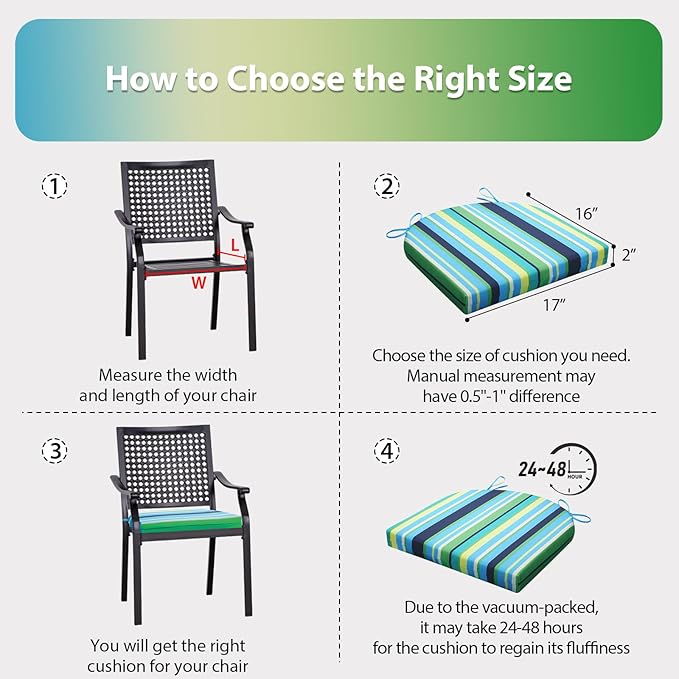 Outdoor Chair Cushions Set of 4, 17x16x3 Inch Patio Chair Cushions, Water Resistant, Non-Slip Ties (Blue & Green Pinstripe)