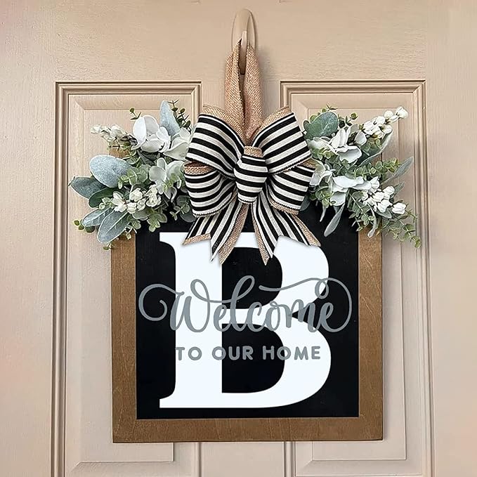 Last Name Porch Decor, Welcome Sign Wreath, Porch Decorations - 26 Letter Wreaths for Front Door, Spring & All Seasons Monogram (B)