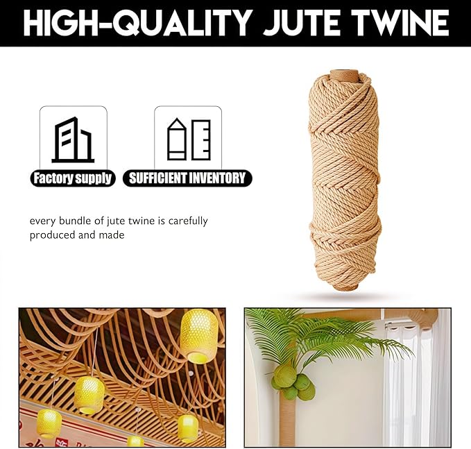 4MM Natural Jute Twine String — 120Ft Brown Durable Jute Rope, Used for Hand Crochet, Climbing Plant, Gardening Flowers, Home Decorations, Art Crafts Gift Packaging, Weddings, Christmas