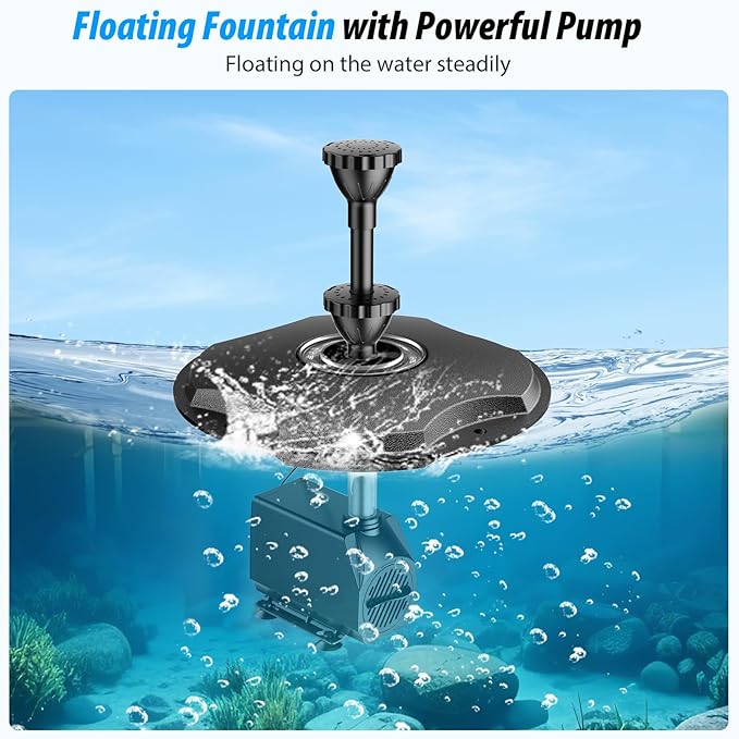 Anfraer Floating Pond Fountain with LED Lights, 660GPH RGB Floating Fountain with 3 Spray Modes, Pond Pump with 27FT Power Cord & 65.6FT Mooring Line for Pond Garden Fish Tank